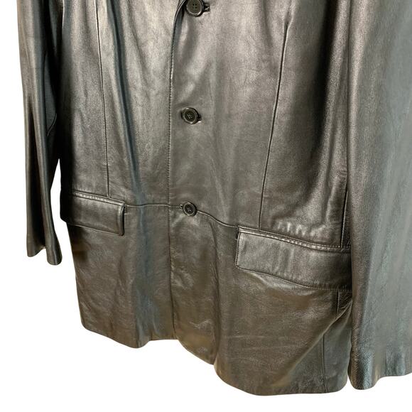 Jones New York City Mens 44L Black Leather Blazer Jacket 3-Button Classic Pocket - Picture 4 of 7